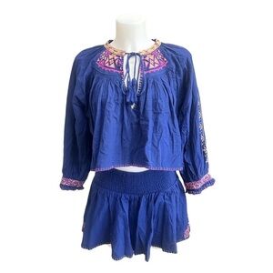 Free People 100% Cotton Embroidered Cherry Bomb Blue 2 pc Short Set Festival M